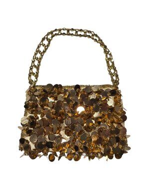 Gold Sequin Mini Purse Beaded Handle Satin Lining Evening Bag Handbag Clutch
